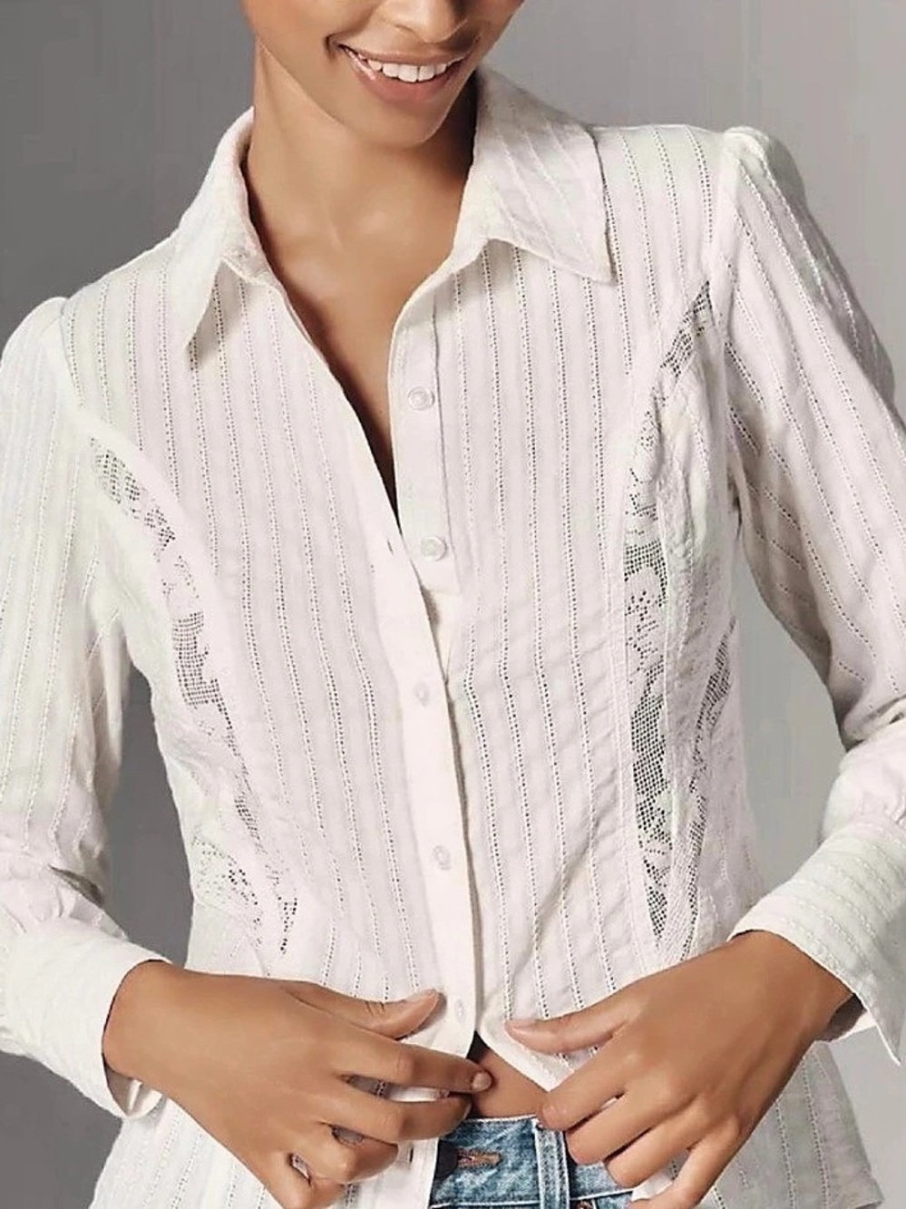 PILCRO White Mesh Seamed Slim Button Down Shirt Blouse Sz S